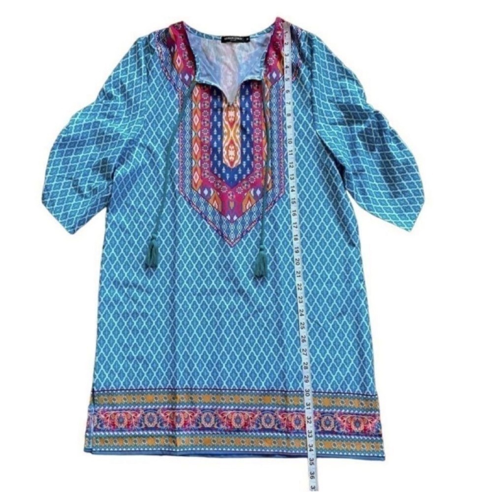 Urban Coco Blue Multicolor Ruche Sleeve Swim Coverup Dress with Tassels Medium - Picture 11 of 14